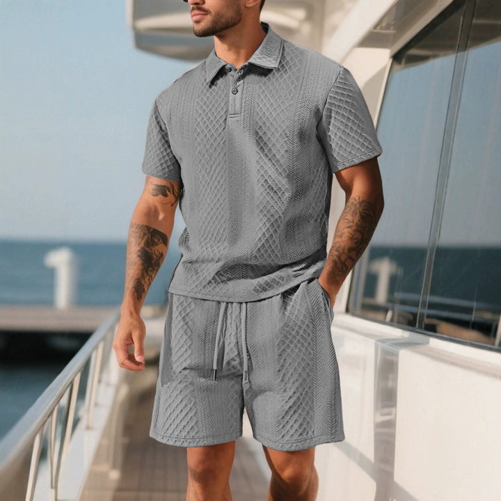 Men's three-dimensional relief leisure set with polo collar, concealed button placket and elastic drawstring shorts Mune Fashion
