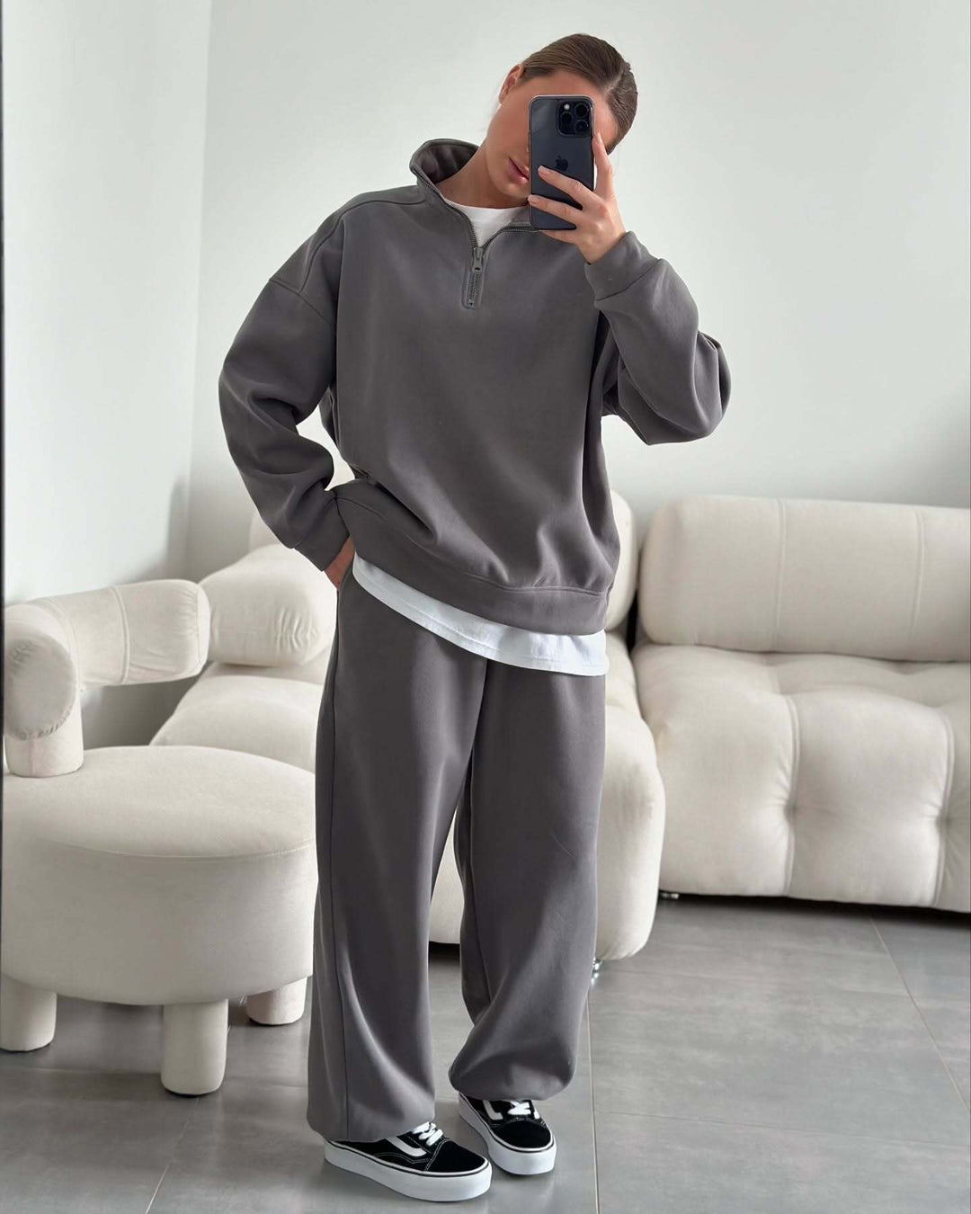 Women nan Oversize Half-zip Pullover with Stand-up Collar and Wide Lounge Pants Set Mune Fashion