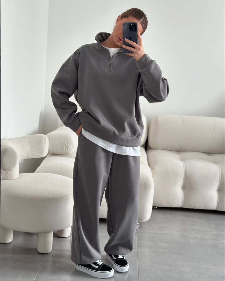 Women nan Oversize Half-zip Pullover with Stand-up Collar and Wide Lounge Pants Set Mune Fashion