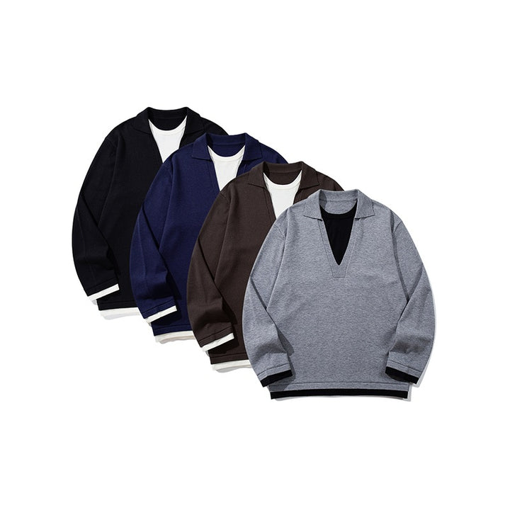 Unisex Casual Oversized Knit Sweater with Deep V Insert and Shirt Layer Look Mune Fashion
