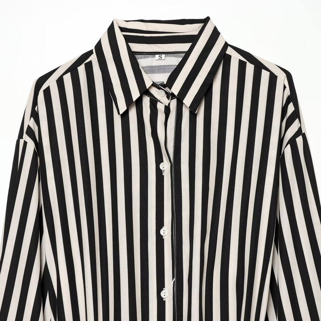 Women Long Sleeve Shirt with Vertical Stripes and Waist Tie Mune Fashion
