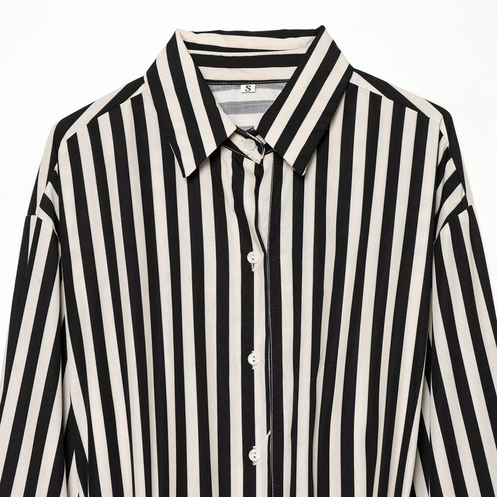 Women Long Sleeve Shirt with Vertical Stripes and Waist Tie Mune Fashion