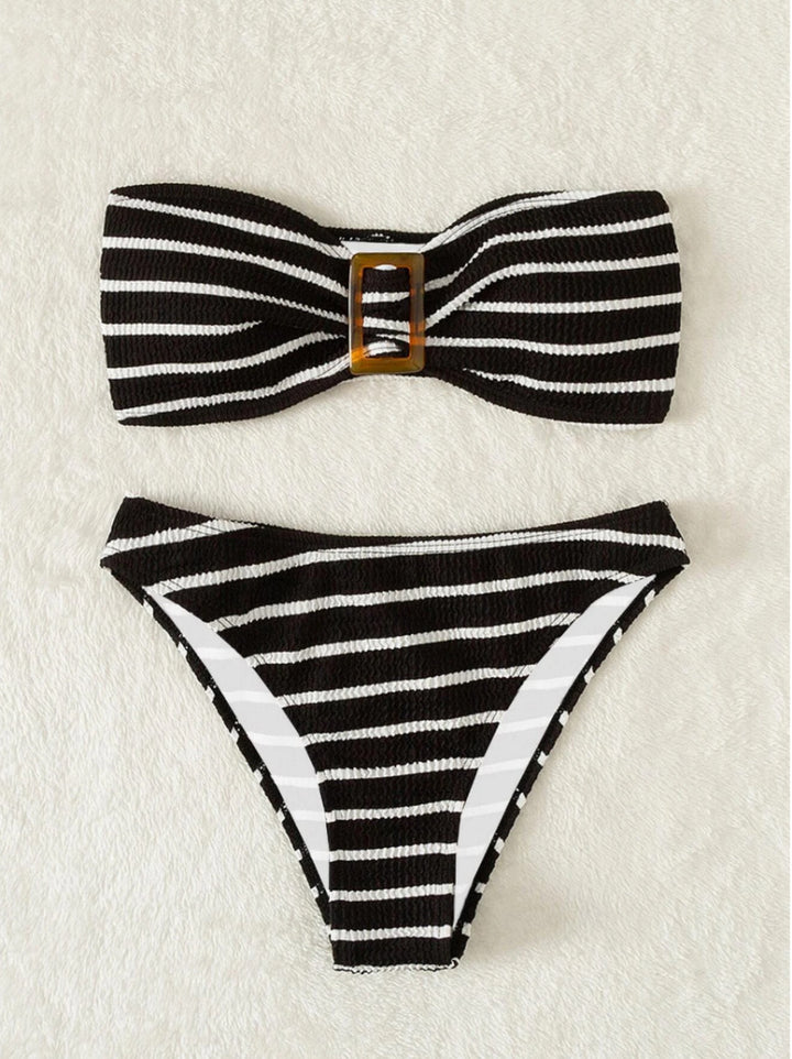 Women's bandeau bikini with a stylish striped pattern and decorative buckle Mune Fashion