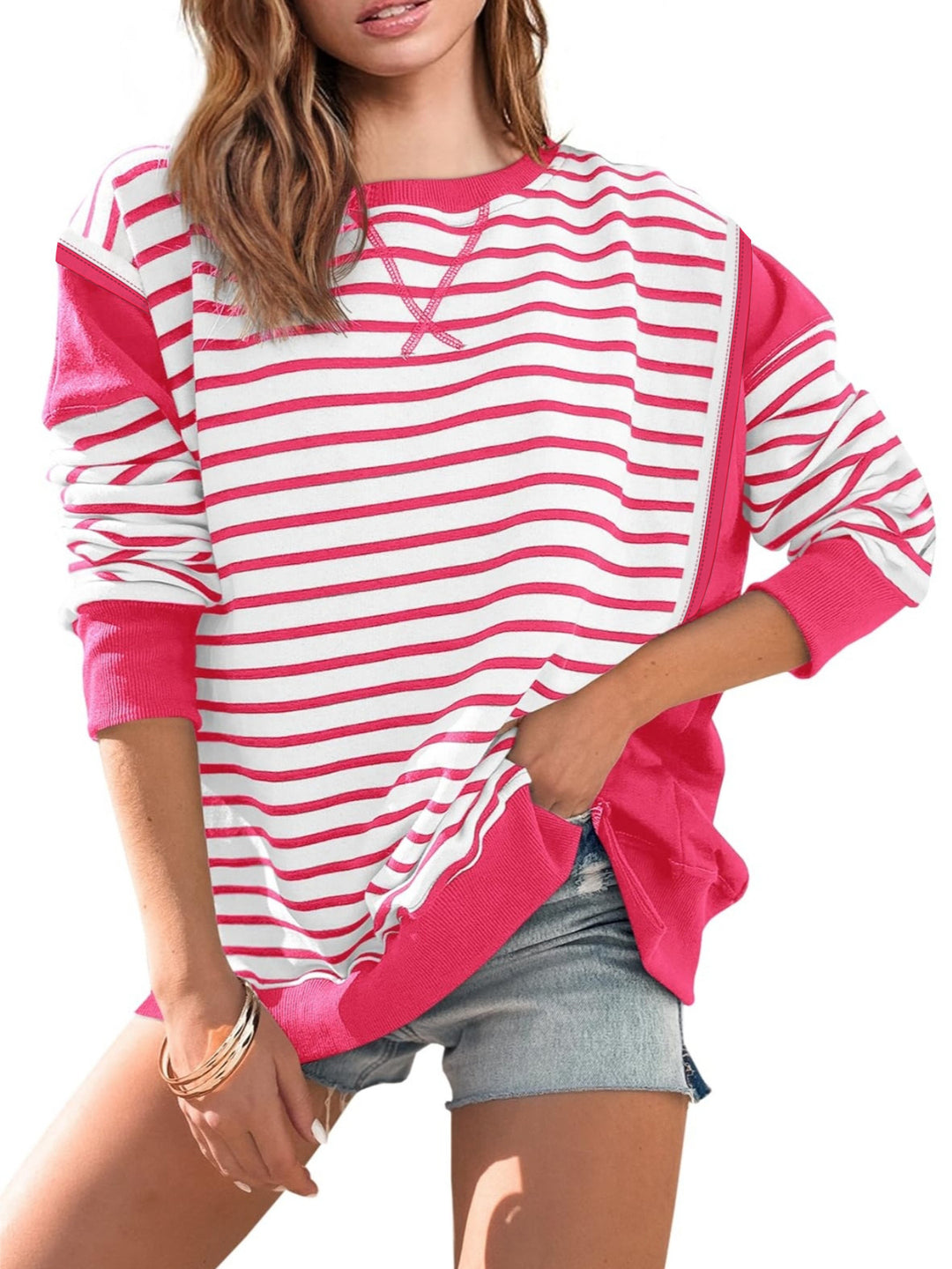 Women's oversized sweatshirt in marine look with stripes, raglan sleeves and ribbed cuffs Mune Fashion