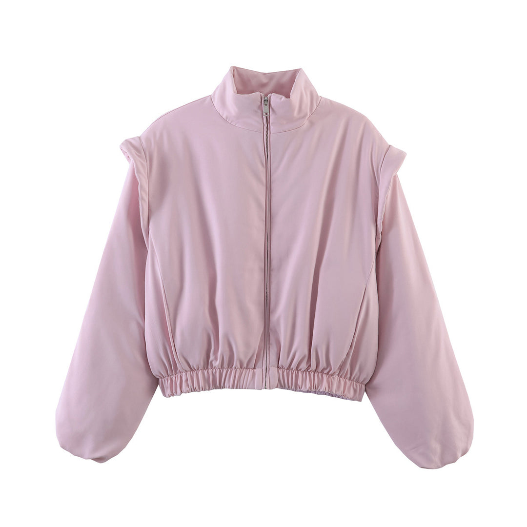 Women's Padded Cropped Bomber Jacket with Stand Collar and Elastic Hem Mune Fashion