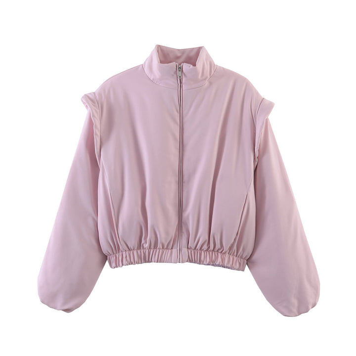 Women's Padded Cropped Bomber Jacket with Stand Collar and Elastic Hem Mune Fashion