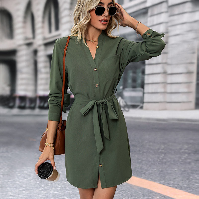 Women's shirt dress with tie belt, V-neck and cuffs Mune Fashion