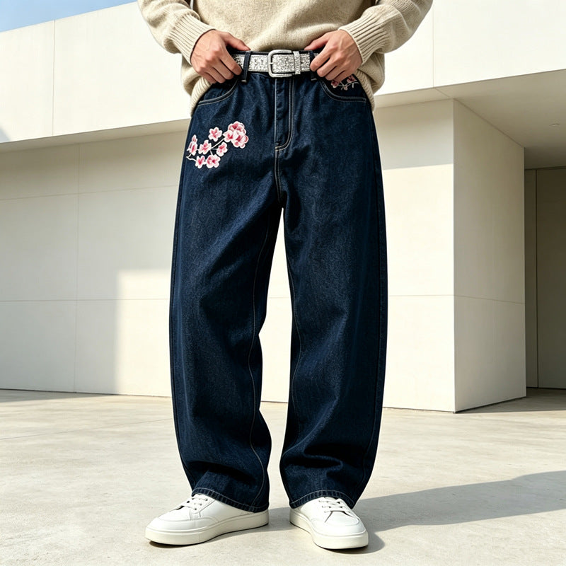 Men's Fashion Wide Cut Denim Pants with Floral Embroidery Mune Fashion