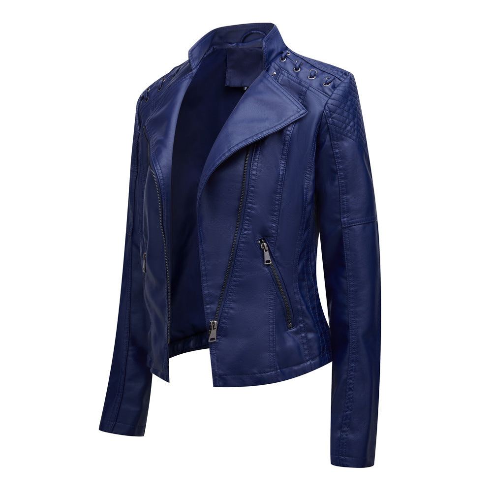 Ladies tailored faux leather biker jacket with quilted shoulder section, asymmetrical zipper and decorative eyelets Mune Fashion