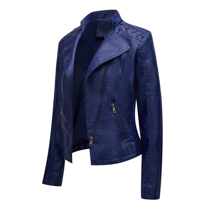Ladies tailored faux leather biker jacket with quilted shoulder section, asymmetrical zipper and decorative eyelets Mune Fashion