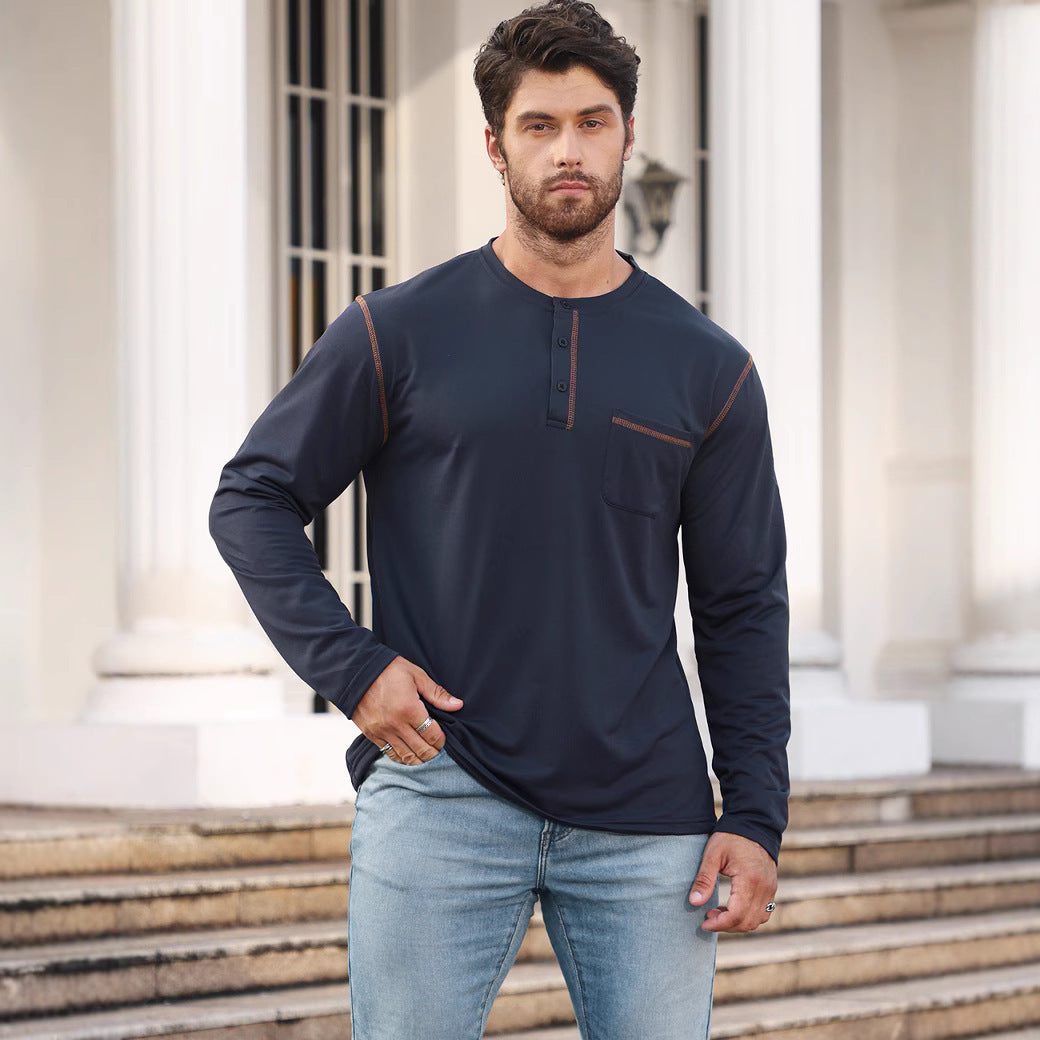 Men's Long Sleeve Shirt with Short Button Placket, Chest Pocket and Contrasting Decorative Stitching Mune Fashion