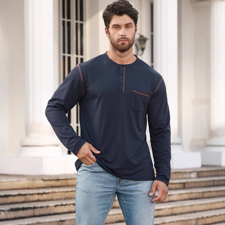 Men's Long Sleeve Shirt with Short Button Placket, Chest Pocket and Contrasting Decorative Stitching Mune Fashion