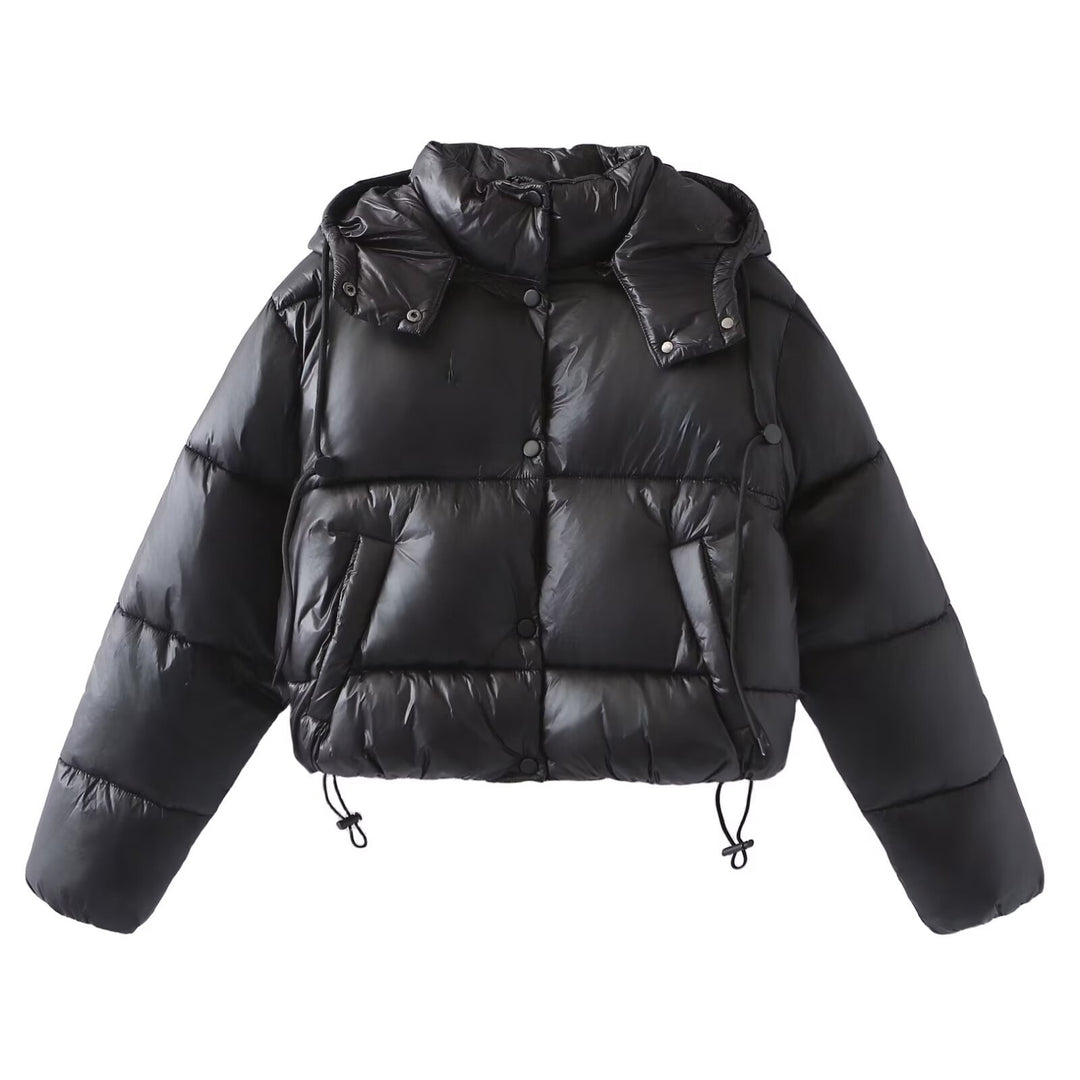 Women Shiny Cropped Puffer Jacket with Drawstring and Snap Button Placket Mune Fashion
