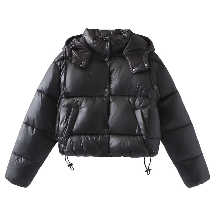 Women Shiny Cropped Puffer Jacket with Drawstring and Snap Button Placket Mune Fashion