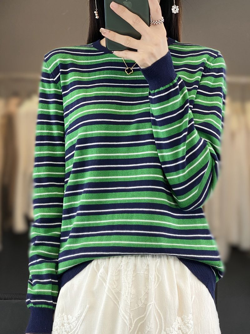 Women's Casual Stripe Fine Knit Sweater with Boxy Silhouette and Contrasting Ribbed Cuffs Mune Fashion