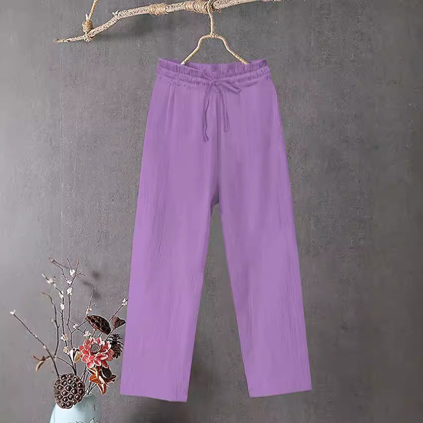 Ladies Crinkle Linen Blend Pants with Elastic Drawstring, Straight Leg and Casual Fit Mune Fashion