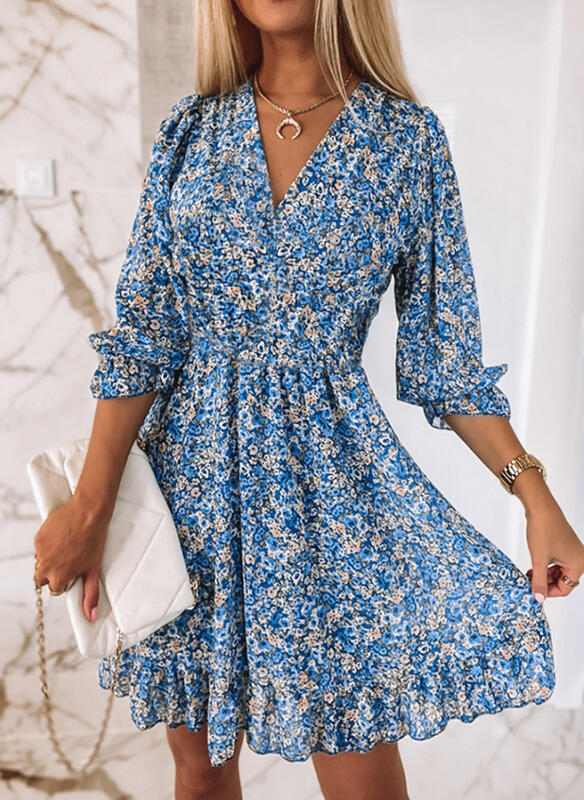 Women's Floral Chiffon Mini Dress with V-Neck and Waist Belt Effect Mune Fashion