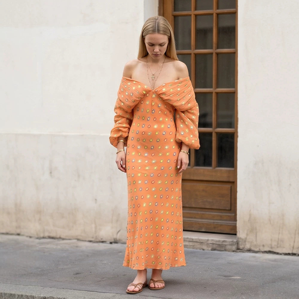 Women Elegant Off-Shoulder Maxi Dress with Twisted Front and Balloon Sleeves Mune Fashion