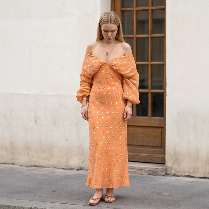 Women Elegant Off-Shoulder Maxi Dress with Twisted Front and Balloon Sleeves Mune Fashion