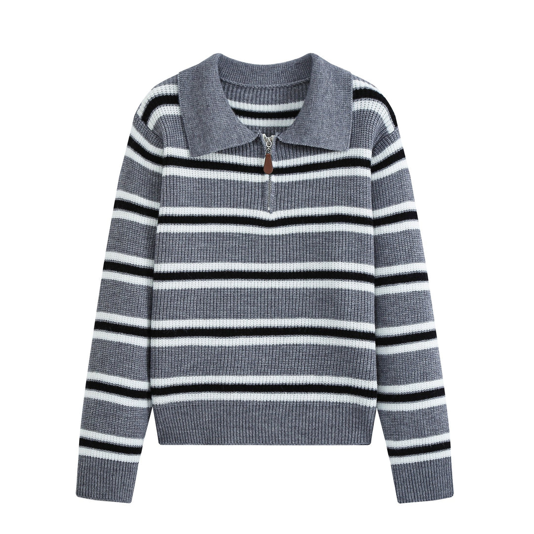 Women's Striped Knit Sweater with Polo Collar and Half Zipper Mune Fashion
