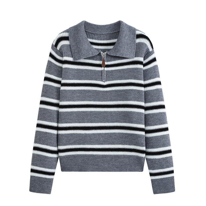Women's Striped Knit Sweater with Polo Collar and Half Zipper Mune Fashion