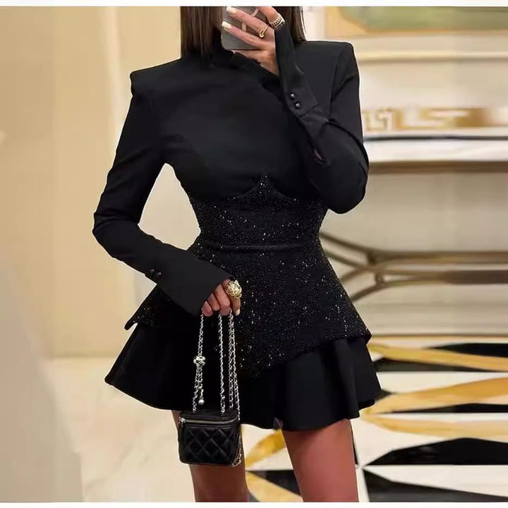 Women Glamorous Cocktail Dress with Textured Bodice and Voluminous Skirt Mune