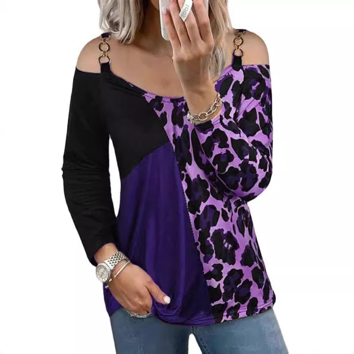Women Off-Shoulder Patchwork Long Sleeve with Leopard Print and Ring Detail Strap Mune Fashion
