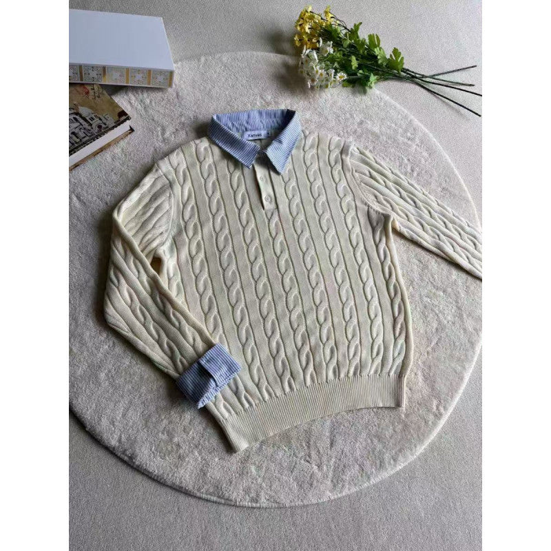 Women's knitted polo sweater with cable pattern and inserted shirt collar Mune Fashion