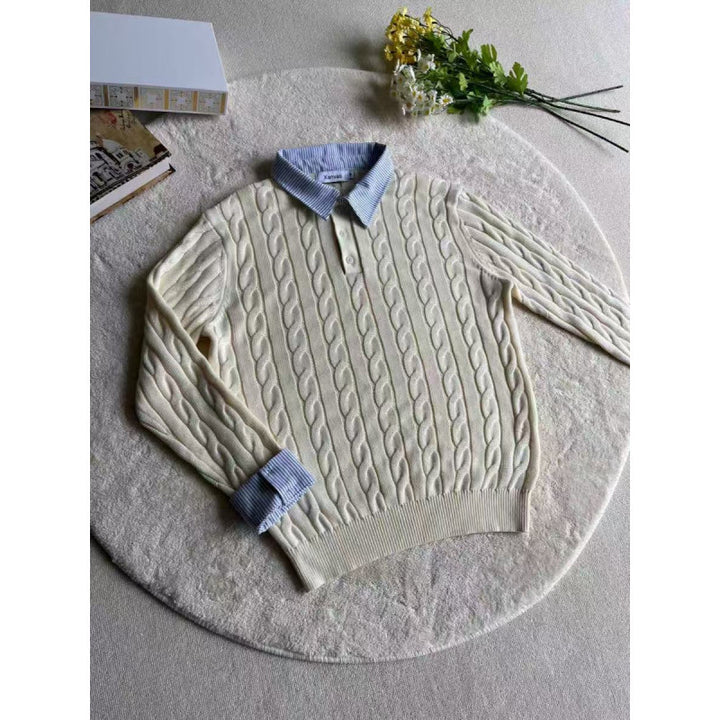 Women's knitted polo sweater with cable pattern and inserted shirt collar Mune Fashion