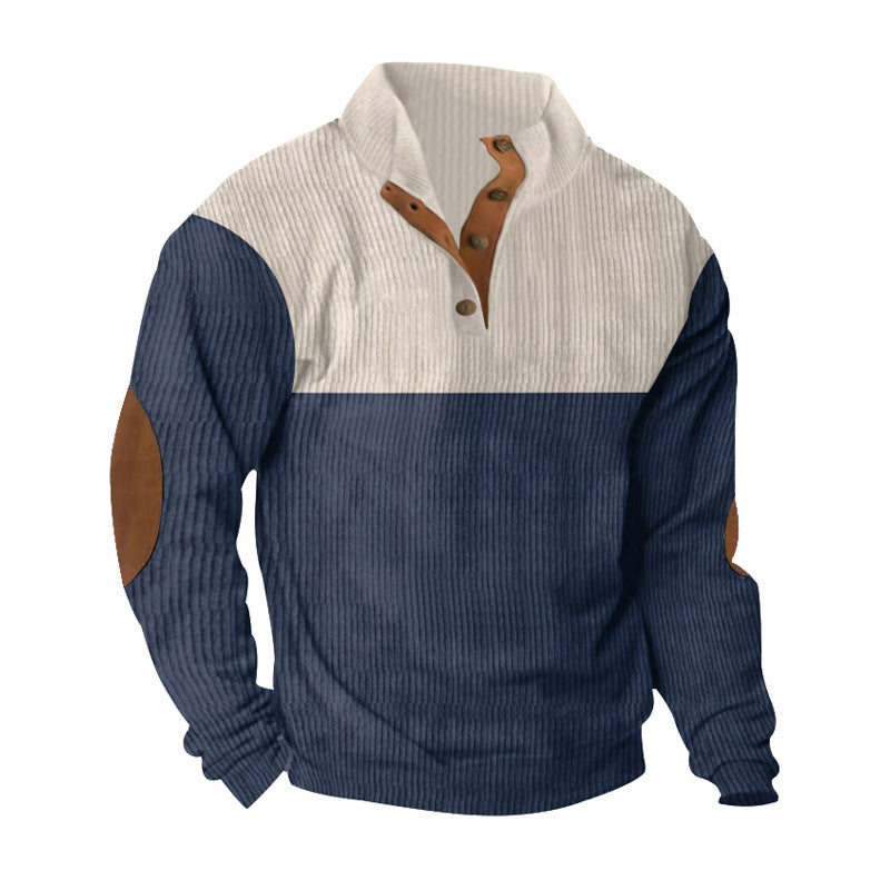 Men's ribbed pullover with stand-up collar, button placket, and elbow patches Mune Fashion