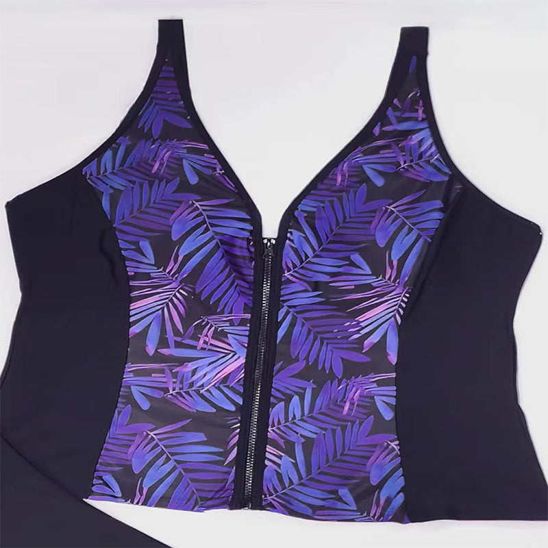 Women's sporty swimsuit with zipper and attractive leaf pattern Mune Fashion