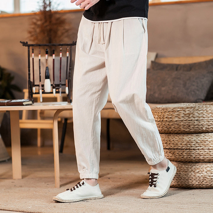 Men's lightweight cotton-linen jogging pants with drawstring elastic cuffs and side pockets Mune Fashion