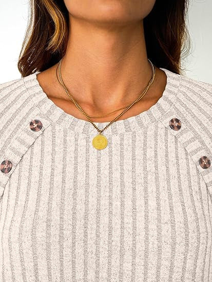 Women Ribbed Round Neck Sweater with Decorative Shoulder Buttons Mune Fashion
