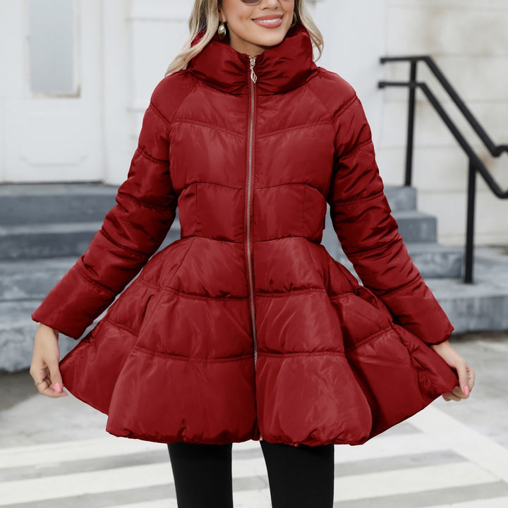 Ladies Padded Quilted Coat with Flared Peplum and Stand-Up Collar Mune Fashion