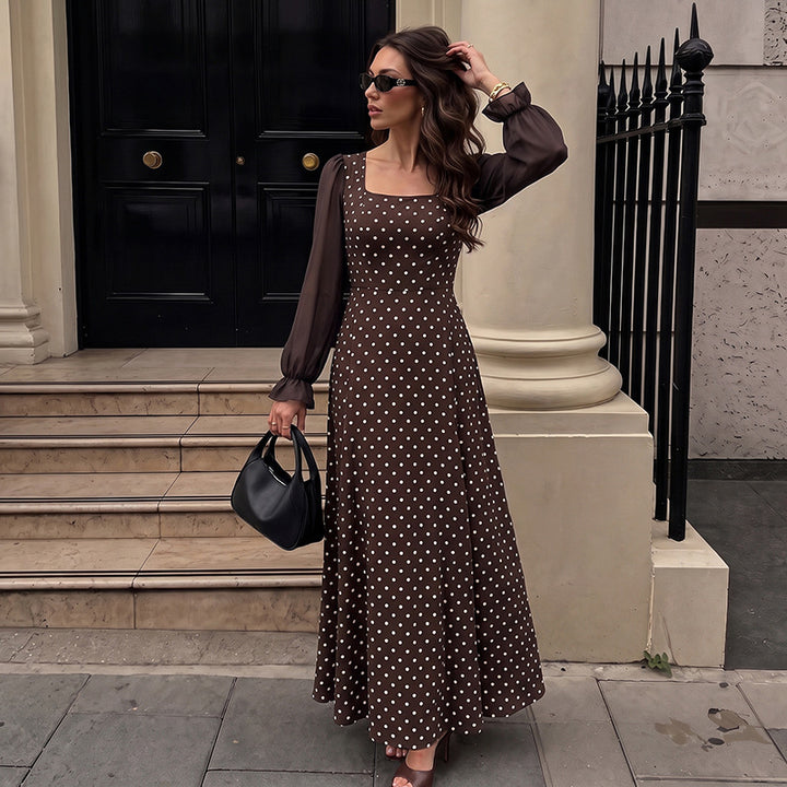 Women Elegant Maxi Dress with Dots and Transparent Sleeves Mune Fashion