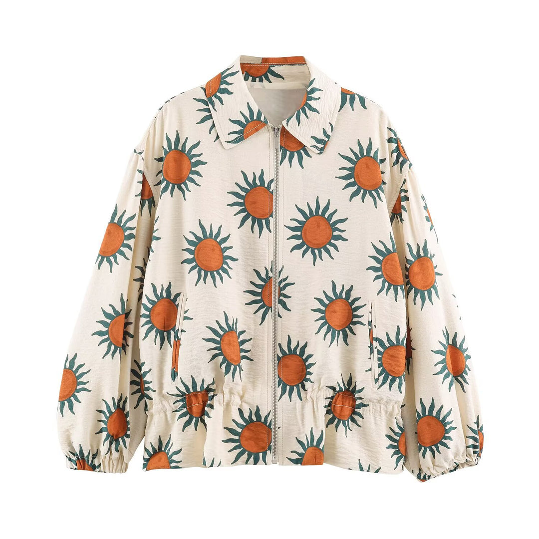 Women's Lightweight Printed Blouson Jacket with Sun Design, Drawstring Waist and Zipper Drune