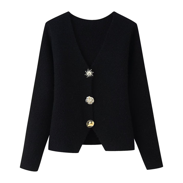 Ladies Elegant Short Cardigan made of Boucle knit with deep V-neck and decorative jeweled button placket Mune Fashion
