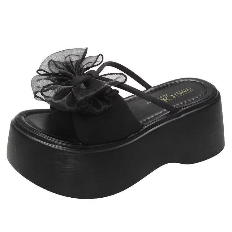 Women's platform slide sandal with high wedge sole and organza flower appliqué Mune Fashion