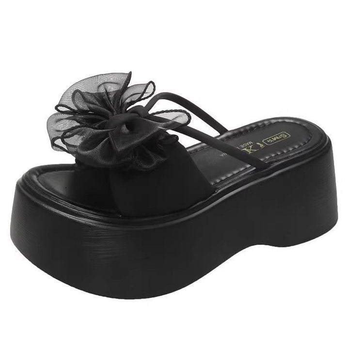 Women's platform slide sandal with high wedge sole and organza flower appliqué Mune Fashion