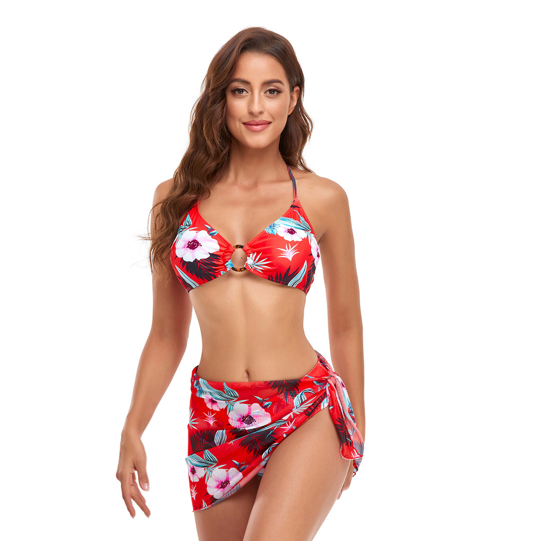 Women's Triangle Bikini Set with trendy wrap skirt and floral design Mune Fashion