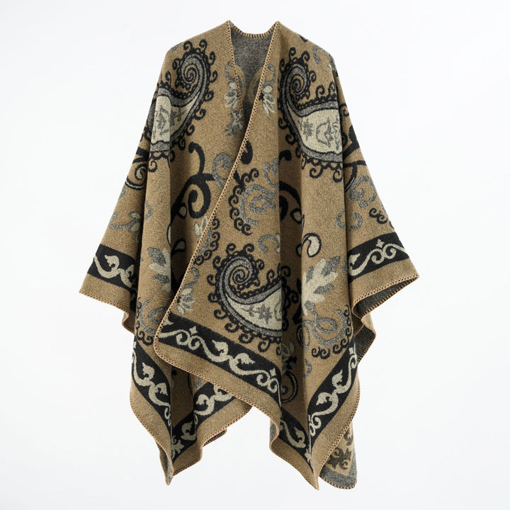 Women's jacquard wool blend poncho with paisley jacquard and open kimono fall Mune Fashion