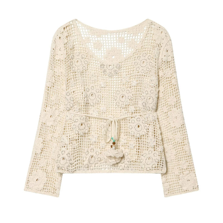 Women's crochet blouse with floral crochet design, V-neck and drawstring Mune Fashion