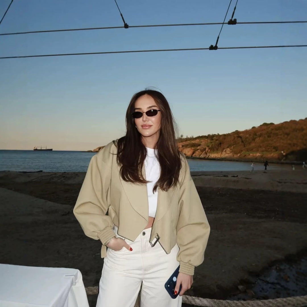 Women Short Cut Wrap Jacket with Large Shawl Collar, Waist Tie and Balloon Sleeves Mune Fashion