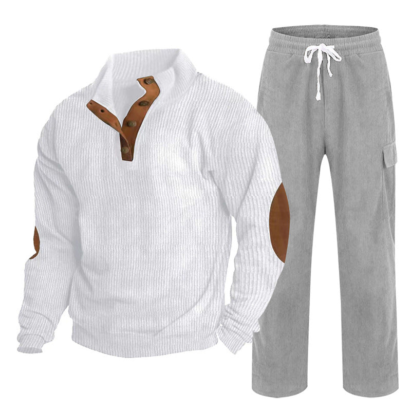 Men's Cozy Leisure Set made of Waffle Knit Henley with Elbow Patch and Relax Cargo Pants Mune Fashion