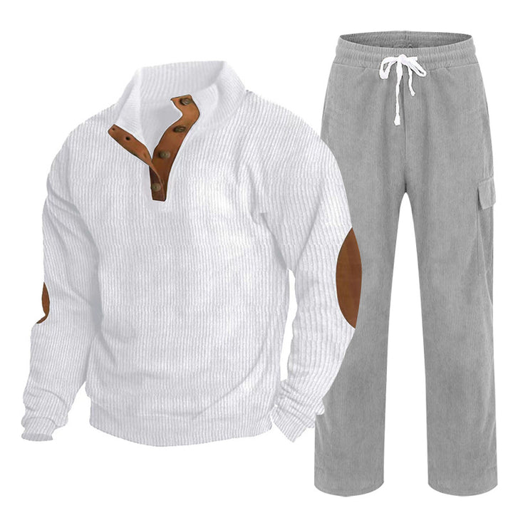 Men's Cozy Leisure Set made of Waffle Knit Henley with Elbow Patch and Relax Cargo Pants Mune Fashion