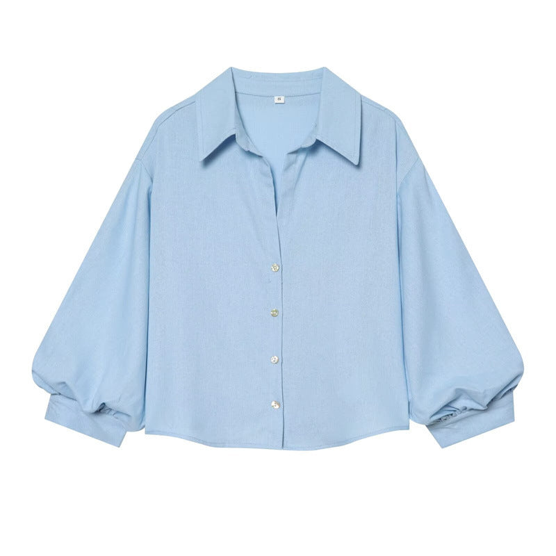 Women Cropped Boxy Blouse with Wide Balloon Sleeves and Shirt Collar Mune Fashion