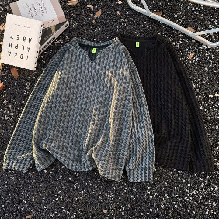 Women's fine knit sweater with a fine waffle texture, V-notch neckline and casual oversized fit Mune Fashion