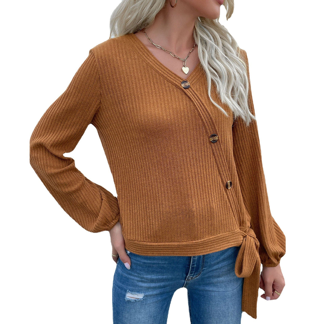 Women's Ribbed Wrap Cardigan with V-Neck, Asymmetrical Button Placket and Waist Tie Mune Fashion