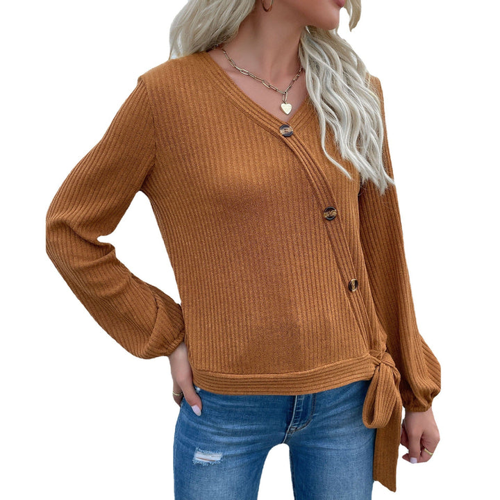 Women's Ribbed Wrap Cardigan with V-Neck, Asymmetrical Button Placket and Waist Tie Mune Fashion