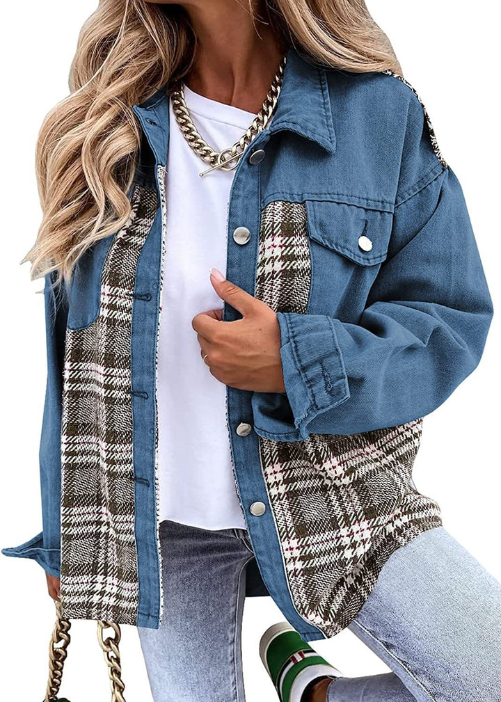Women's casual shacket made of corduroy fabric with checked panel inserts and snap button closure Mune Fashion